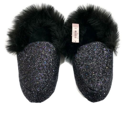 Victoria's Secret Glitter Fax Fur Slippers Black - Picture 1 of 3